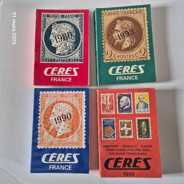 Set van 4 postzegelcatalogi van Cérès 1980, 90, 93, Verzenden, Zo goed als nieuw, Collectif, Catalogus