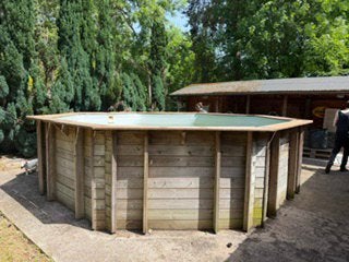 Piscine Wood&co pompe filtre pompe à chaleur bâche sécurité, Gebruikt, 300 cm of meer, Ophalen, 120 cm of meer