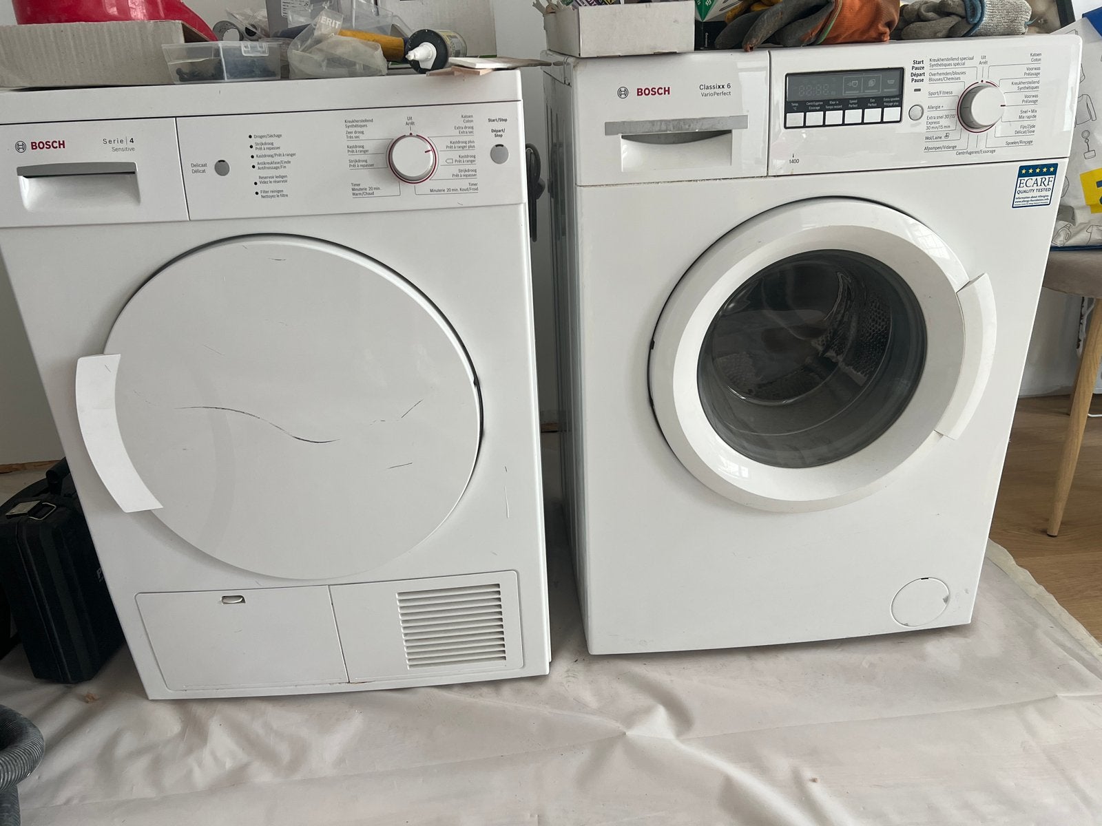 Bosch wasmachine en droogkast - goede staat, Elektronische apparatuur, Wasmachines, Ophalen, Gebruikt, Voorlader