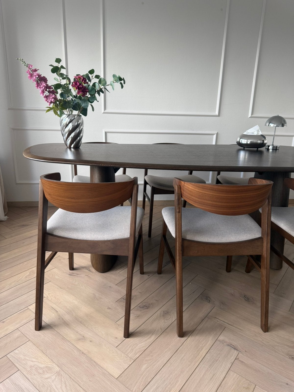 Lot de 6 chaises de salle à manger bois foncé et beige, Ophalen, Zo goed als nieuw, Hout
