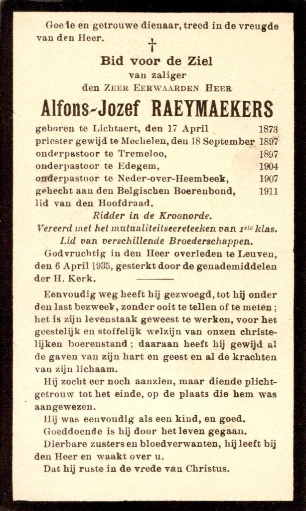 Priester. Raeymaekers Alfons. ° Lichtaart 1873 † Leuven 1935, Ophalen of Verzenden, Bidprentje