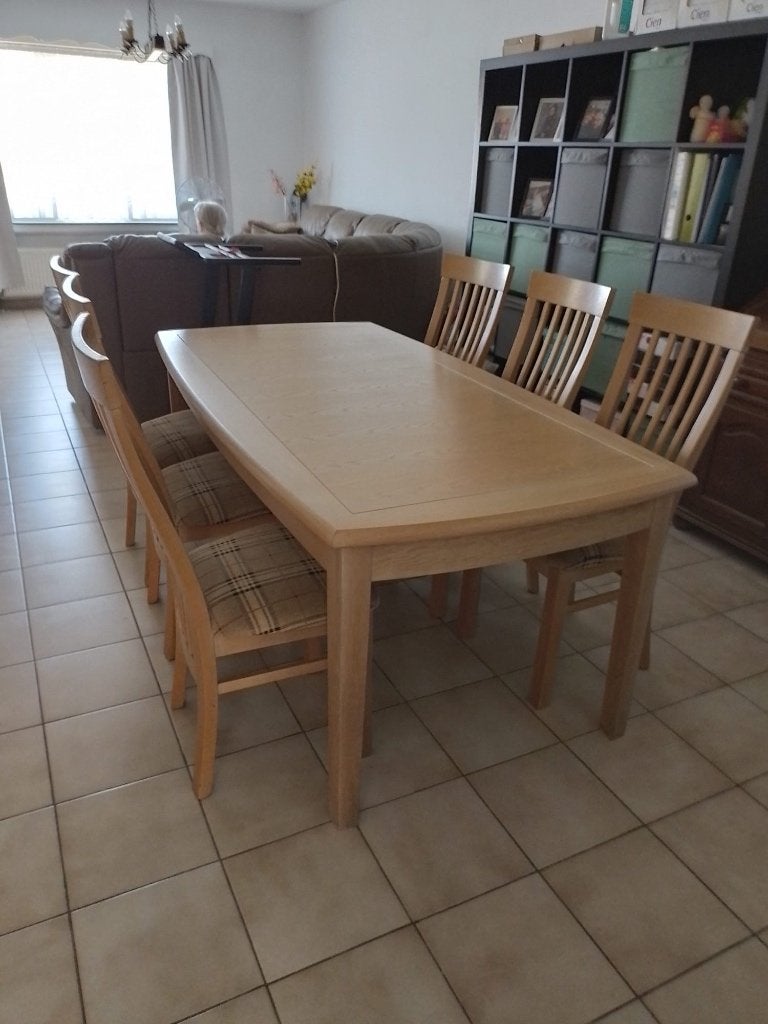 Set tafel en 6 stoelen, Huis en Inrichting, Ophalen, Eikenhout, 50 tot 100 cm, Zo goed als nieuw