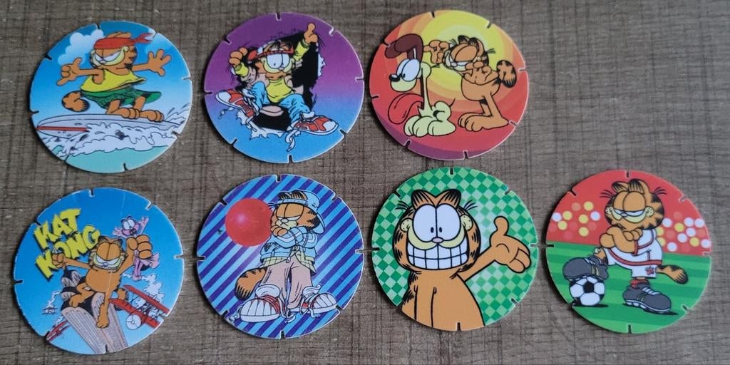 Garfield: 7 Croky Caps/ flippo's, Collections, Enlèvement ou Envoi, Garfield, Comme neuf, Image, Affiche ou Autocollant