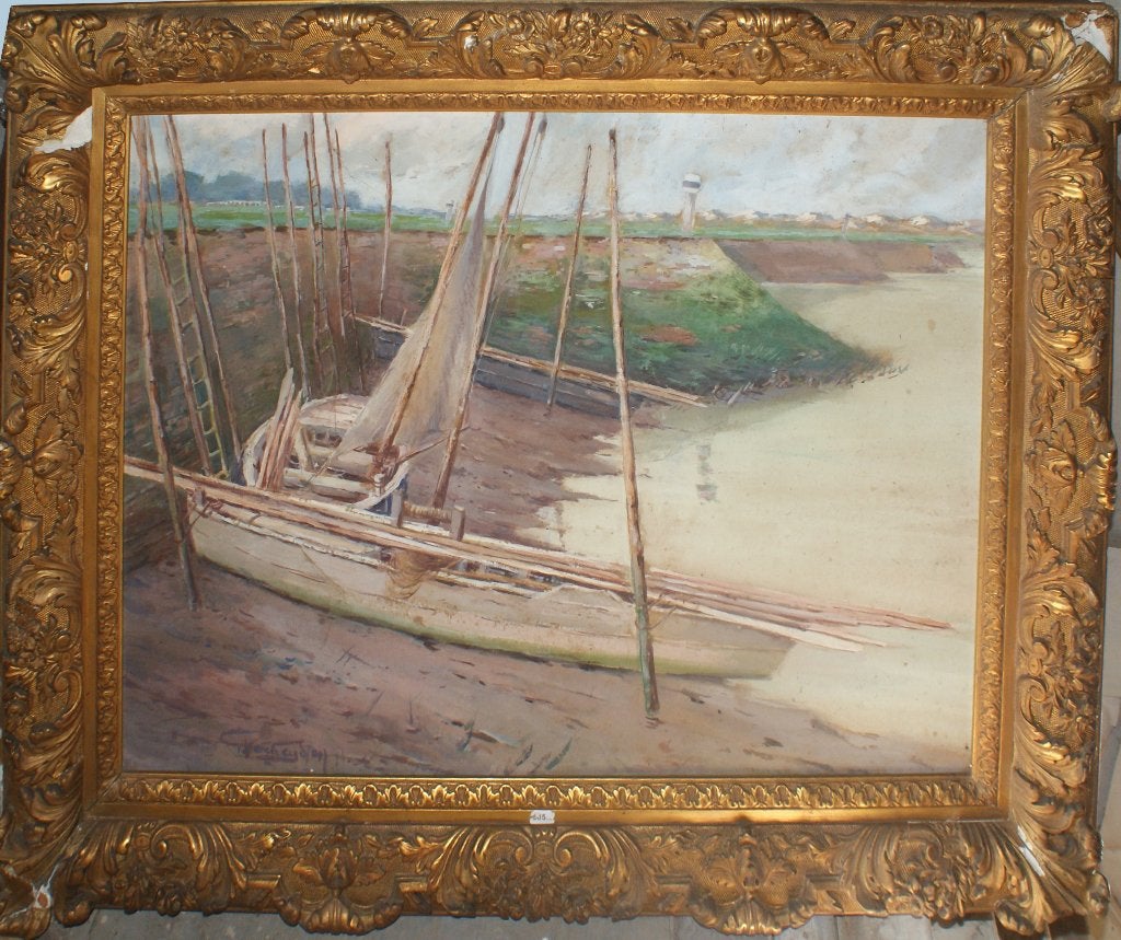 Guillaume Verheyden: aangemeerde boten (113 x 92 cm), Antiek en Kunst, Ophalen, Gesigneerd, Olieverf
