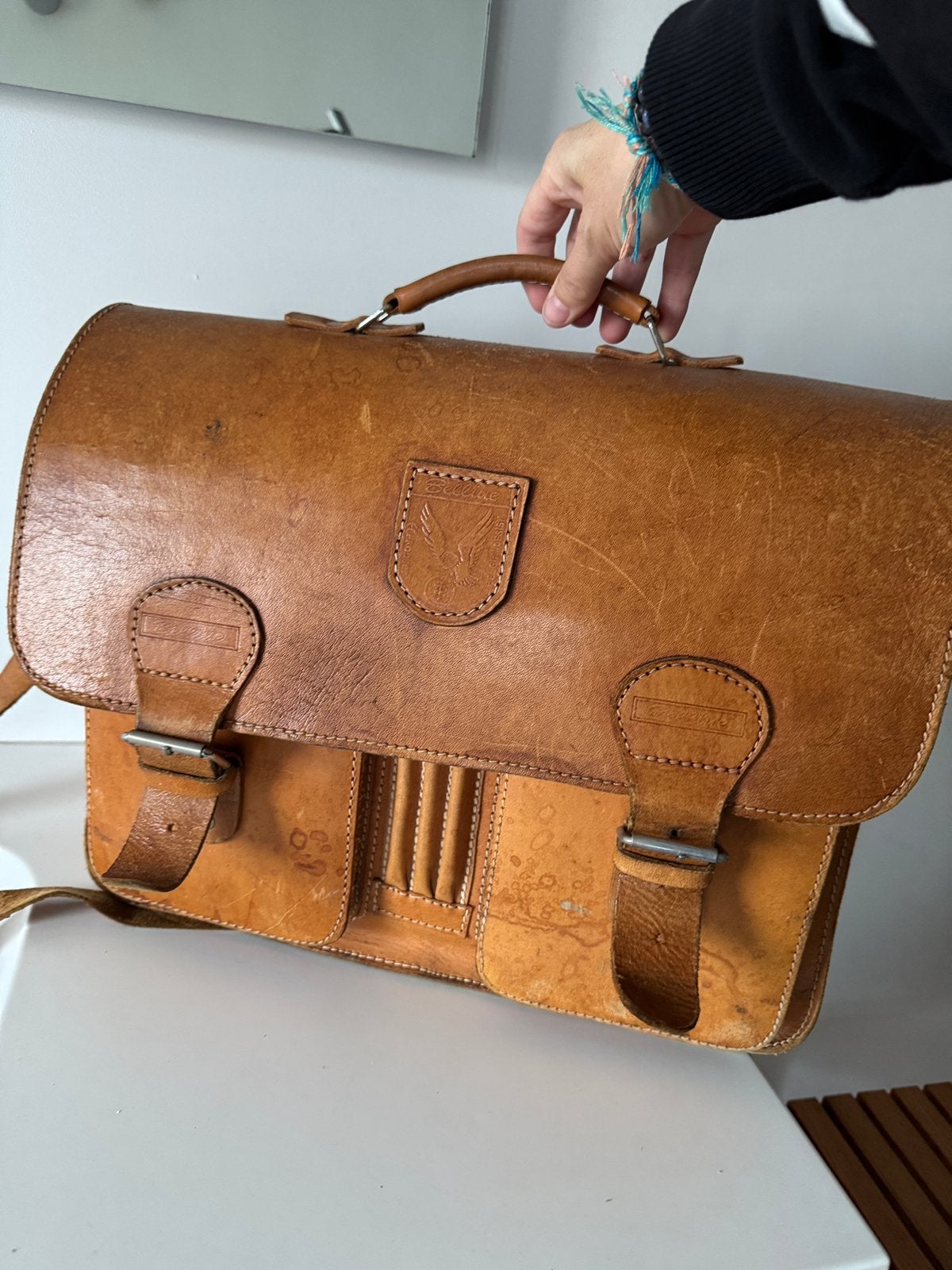 Oude vintage boekentas in leder, Ophalen of Verzenden