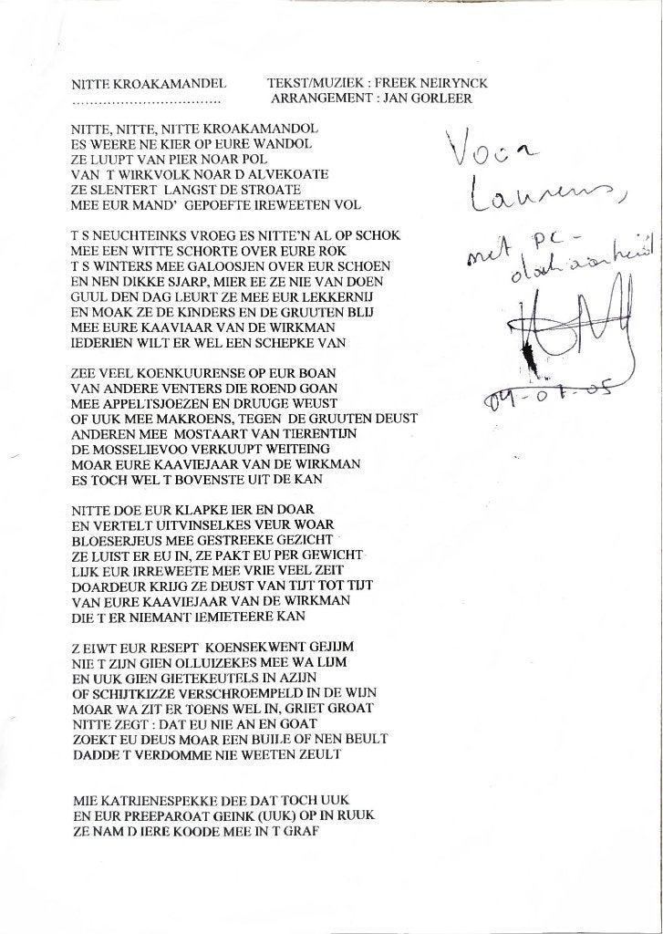 Gesigneerde tekst Freek Neirynck — Nitte Kroakamandel, Verzamelen, Ophalen