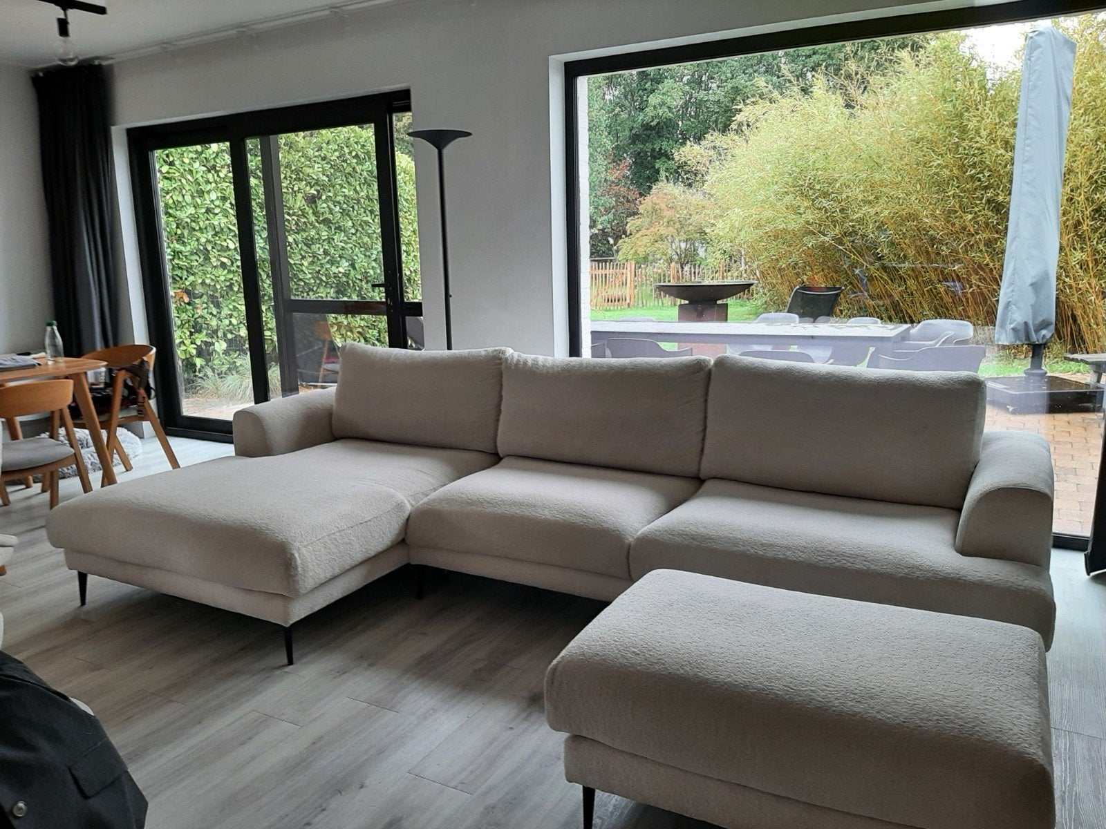 Ansio 3 zit met longchair en poef. Relax en kleine fauteuil., Ophalen, Gebruikt, Stof, Modern