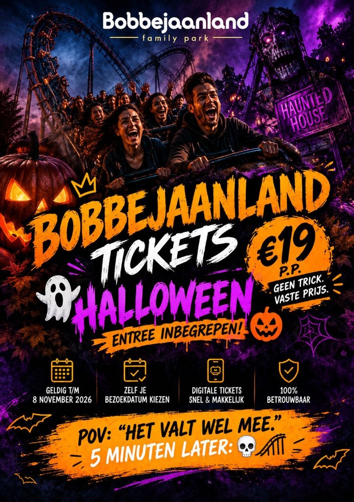 BOBBEJAANLAND TICKETS INCL HALLOWEEN ENTREE, Drie personen of meer, Ticket of Toegangskaart