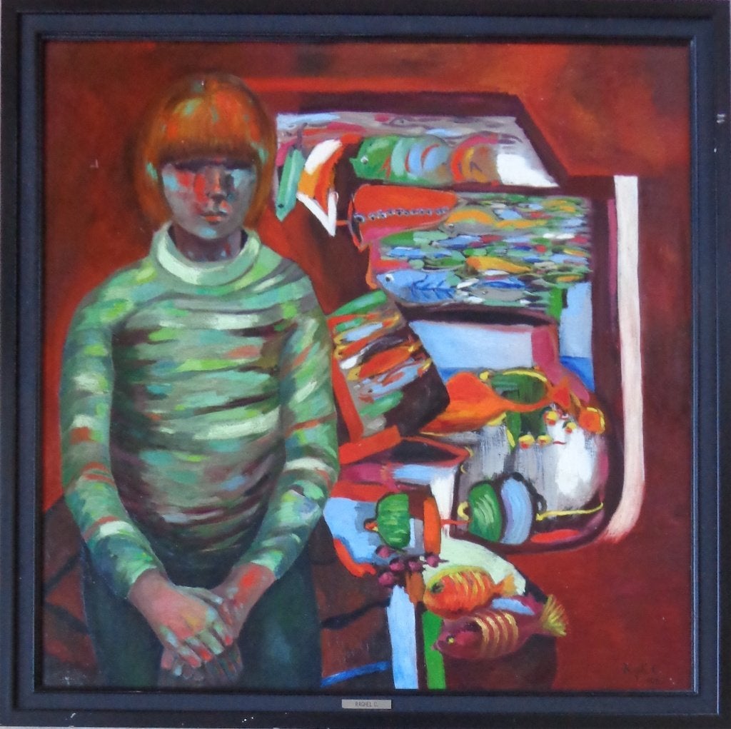 MARIETTE COCHUYT / KIND & VISSEN / OLIEVERF / 88x88cm KADER, Peinture à l'huile, Figures, Enlèvement, Signé