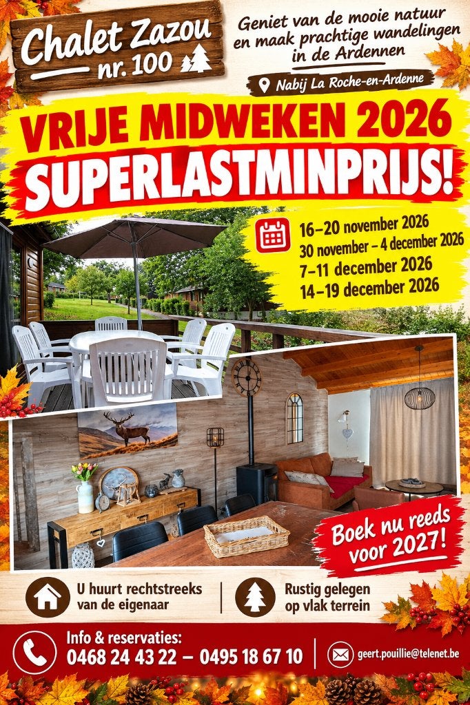 Gezellig chalet Ardennen. NOG ENKELE VRIJE MIDWEKEN, Overige soorten, Jupille sur ourthe, Direct bij eigenaar, 2 kamers