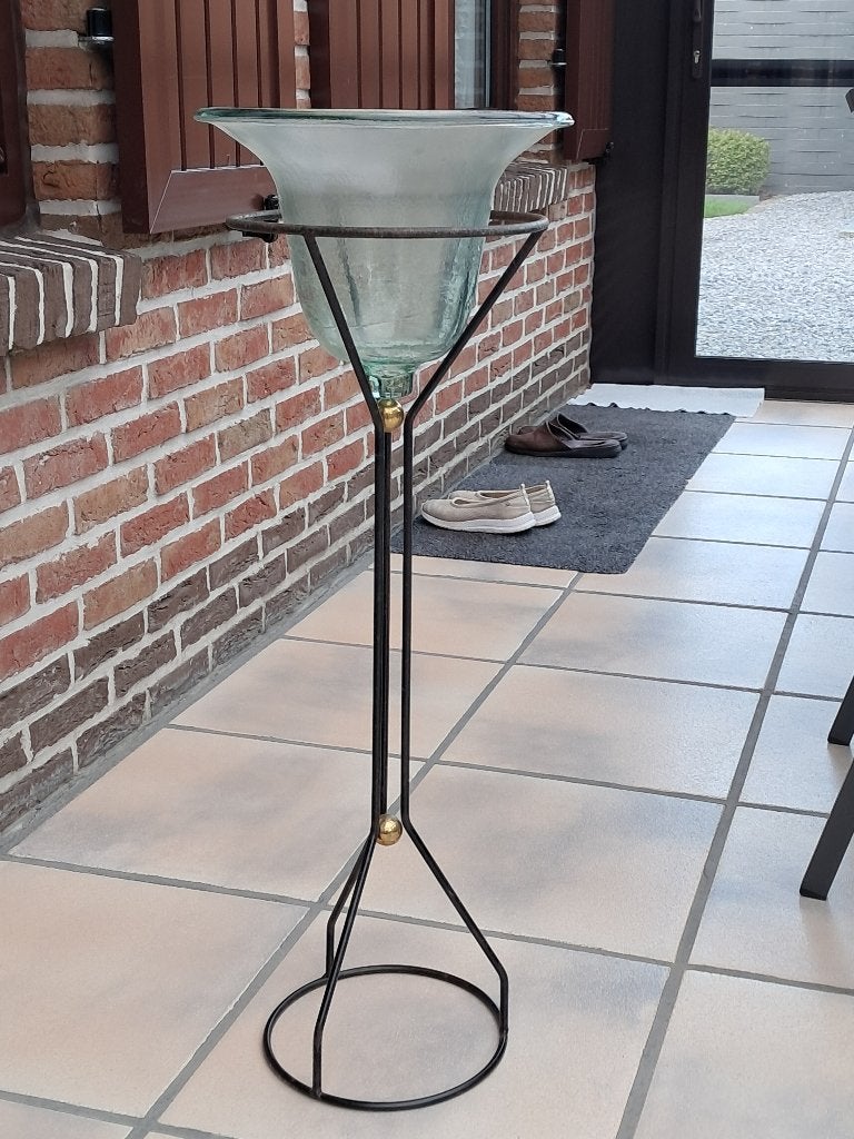 te koop : glazen pot/vaas op smeedijzeren voet, Ophalen, Gebruikt, Glas