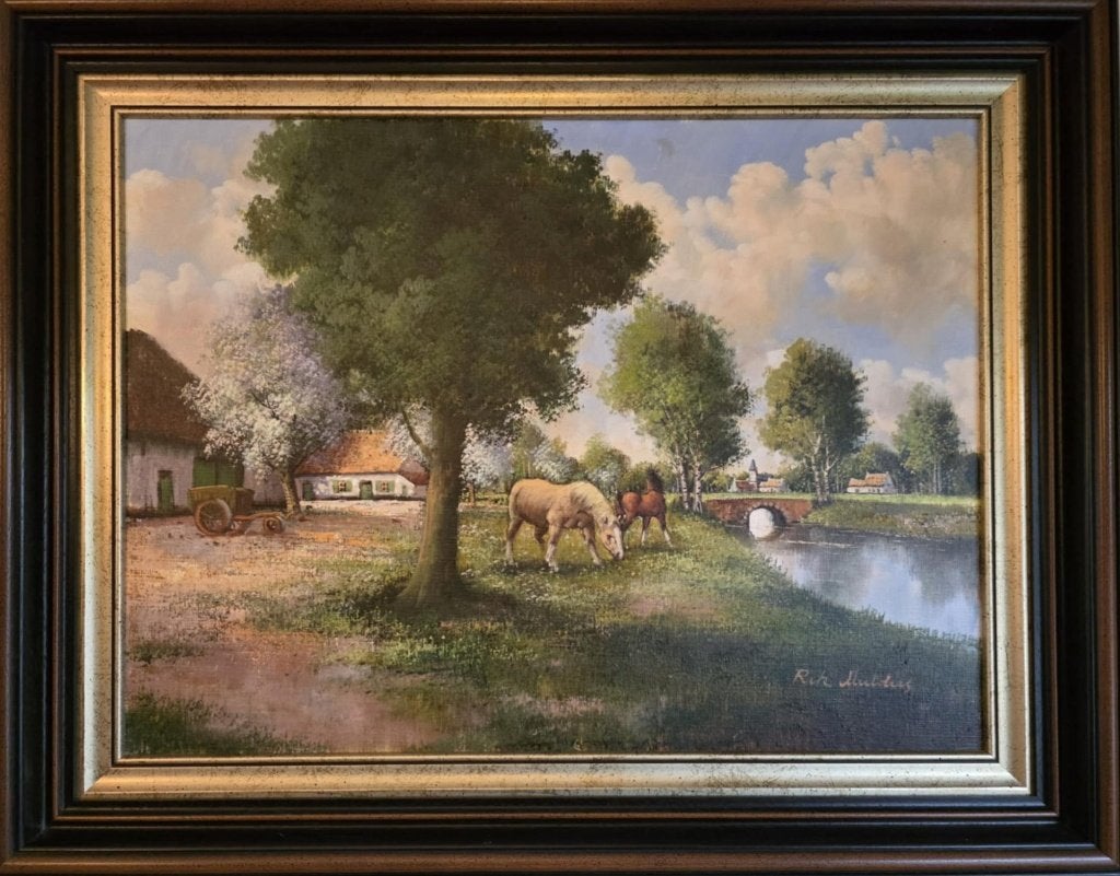 prachtig schilderij Rik Mulders agrarisch thema, Antiek en Kunst, Ophalen of Verzenden, Origineel werk, Olieverf, Landschap
