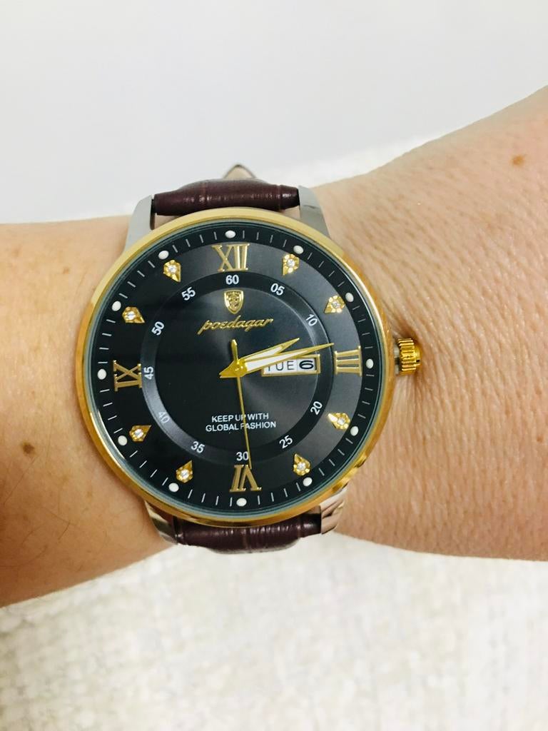 Montre homme poedagar acier cuir neuve, Ophalen, Nieuw, Staal, Leer