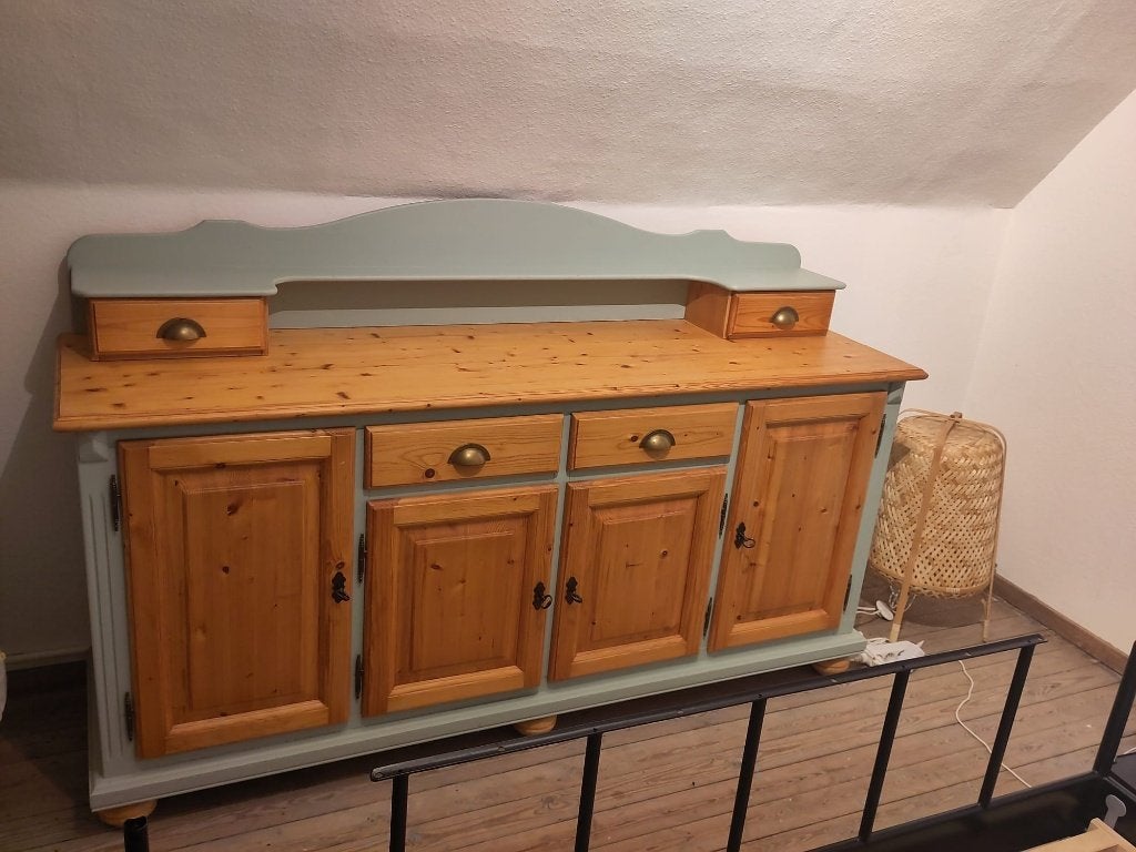 Houten commode met blauwe verf, Avec tablette(s), 150 à 200 cm, Comme neuf, Enlèvement