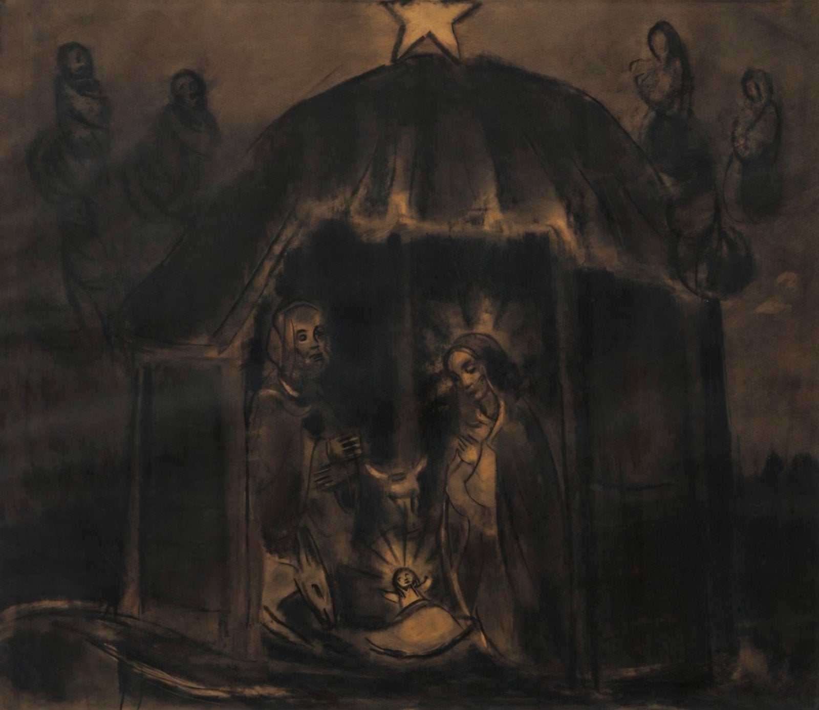 SERVAES Albert "Kerstnacht" 1934 grote houtskooltekening, Antiek en Kunst, Ophalen, Gedateerd, Tekening