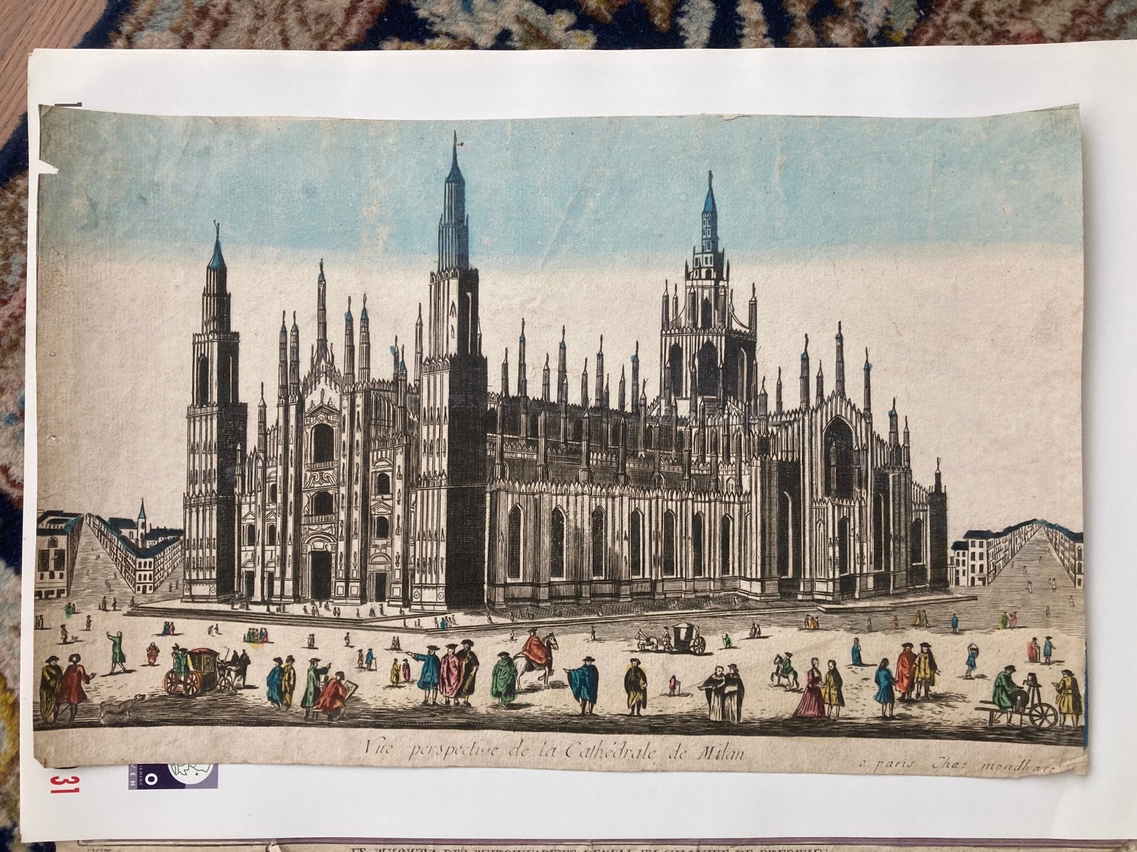 Impression optique/Cathédrale de Milan/1780/Mondhare, 28 cm, Enlèvement ou Envoi, Coloré à la main, 40 cm