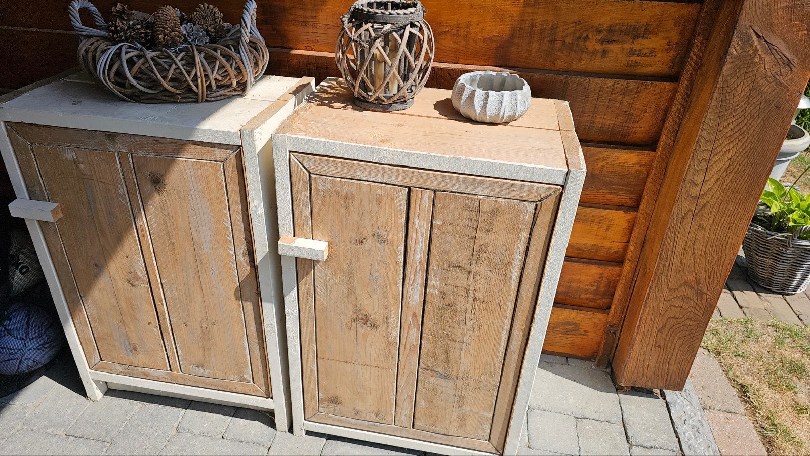 Set van 2 rustieke houten kasten/bijzettafels, Jardin & Terrasse, Stockage & Armoires de jardin, Enlèvement, Bois