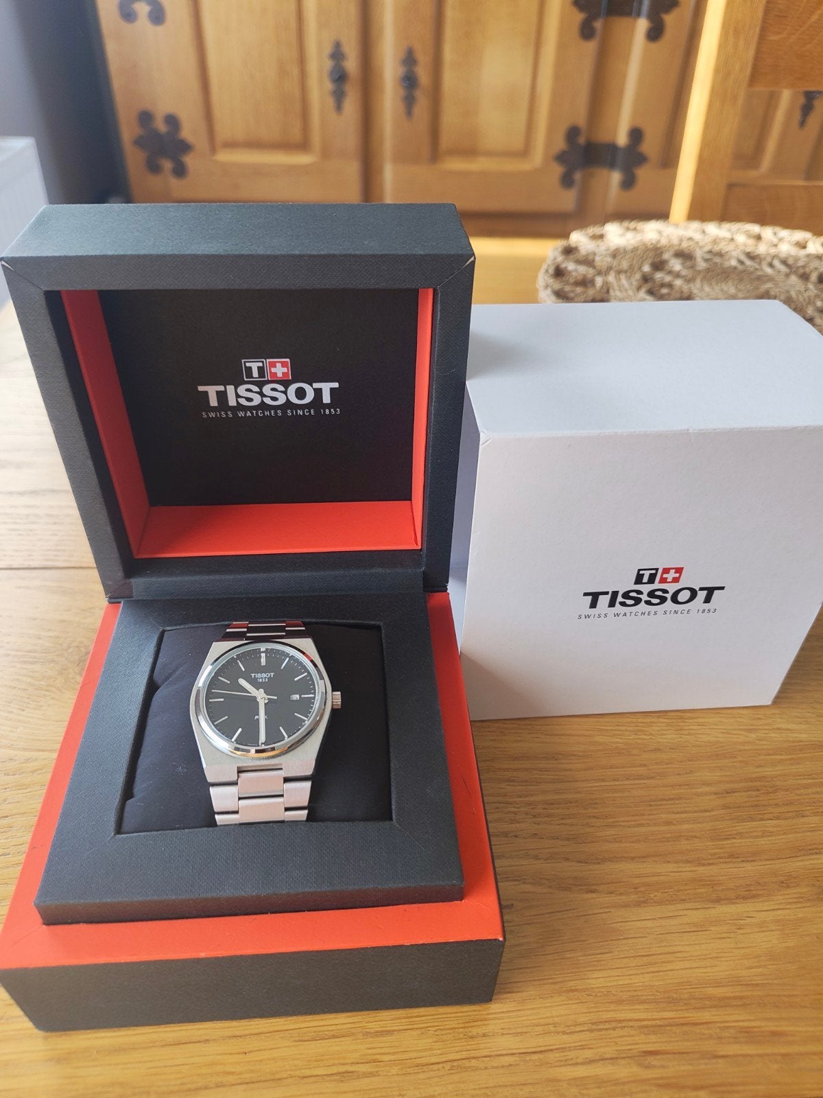 montre Tissot prx 40 mm en acier inoxydable noir, Montre-bracelet, Autres marques, Enlèvement ou Envoi, Acier