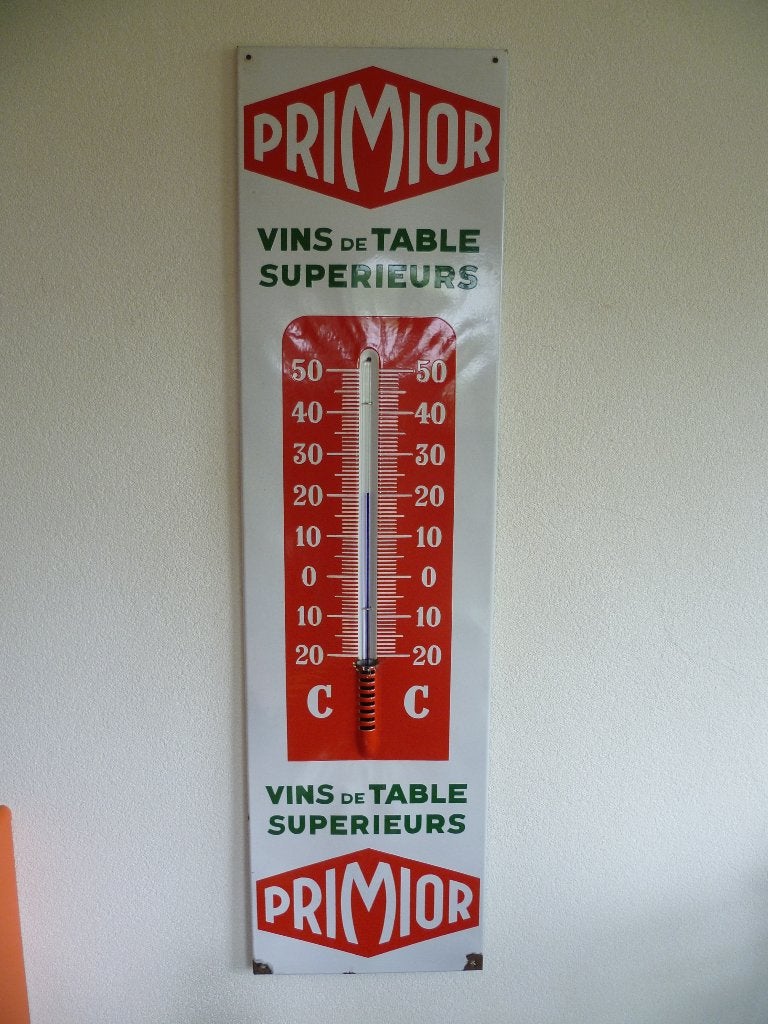 EMAILLRECLAME THERMOMETER"PRIMIOR VINS DE TABLE"JAREN 50/60, Ophalen of Verzenden, Gebruikt, Reclamebord