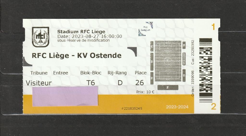 ticket (utilisé) RFC Liège - KV Oostende : 27/08/2023, Enlèvement ou Envoi, Utilisé, Autres types