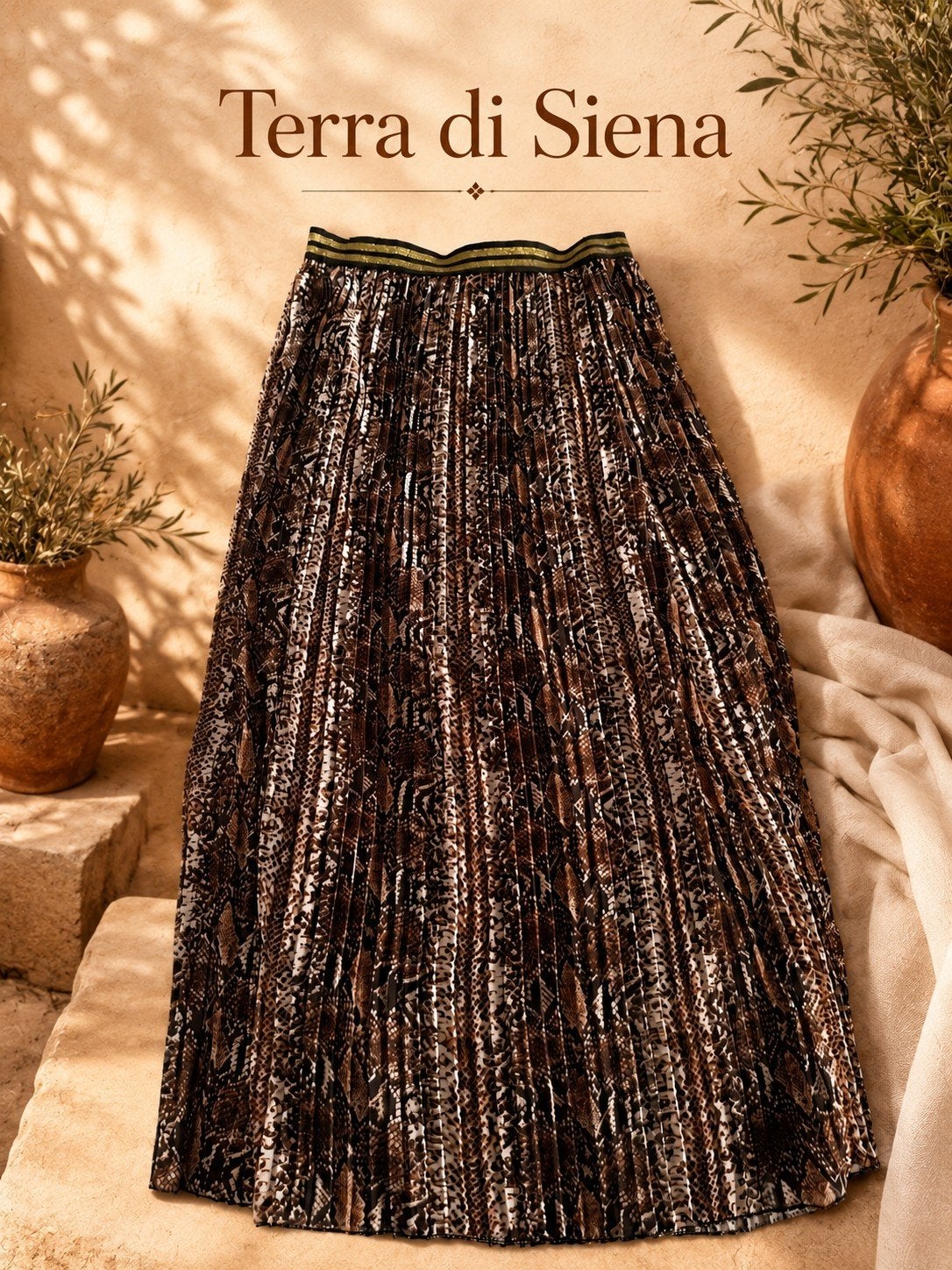 Jupe plissée Terra di Siena avec imprimé serpent et accent d, Taille 38/40 (M), Terra di Siena, Beige, Enlèvement