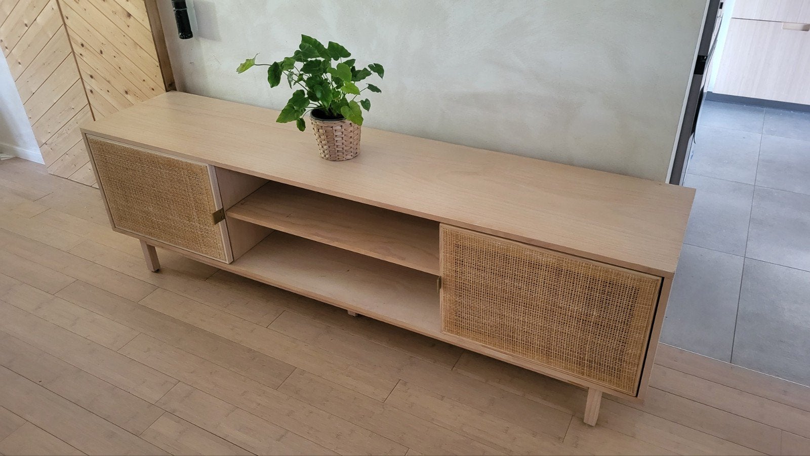 Meuble télé bois clair cannage, Huis en Inrichting, Kasten |Televisiemeubels, Ophalen, Vintage cannage, 150 tot 200 cm, Minder dan 100 cm