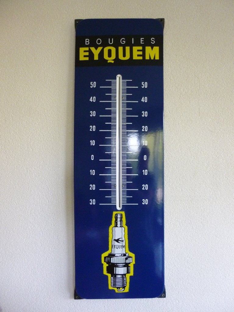 THERMOMÈTRE EN ÉMAIL « EYQUEM BOUGIES » DES ANNÉES 1960, Collections, Enlèvement ou Envoi, Comme neuf, Panneau publicitaire