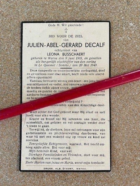 20 MAI 1940 Victime civile M. JULIEN DECALF WATOU, Enlèvement ou Envoi, Image pieuse