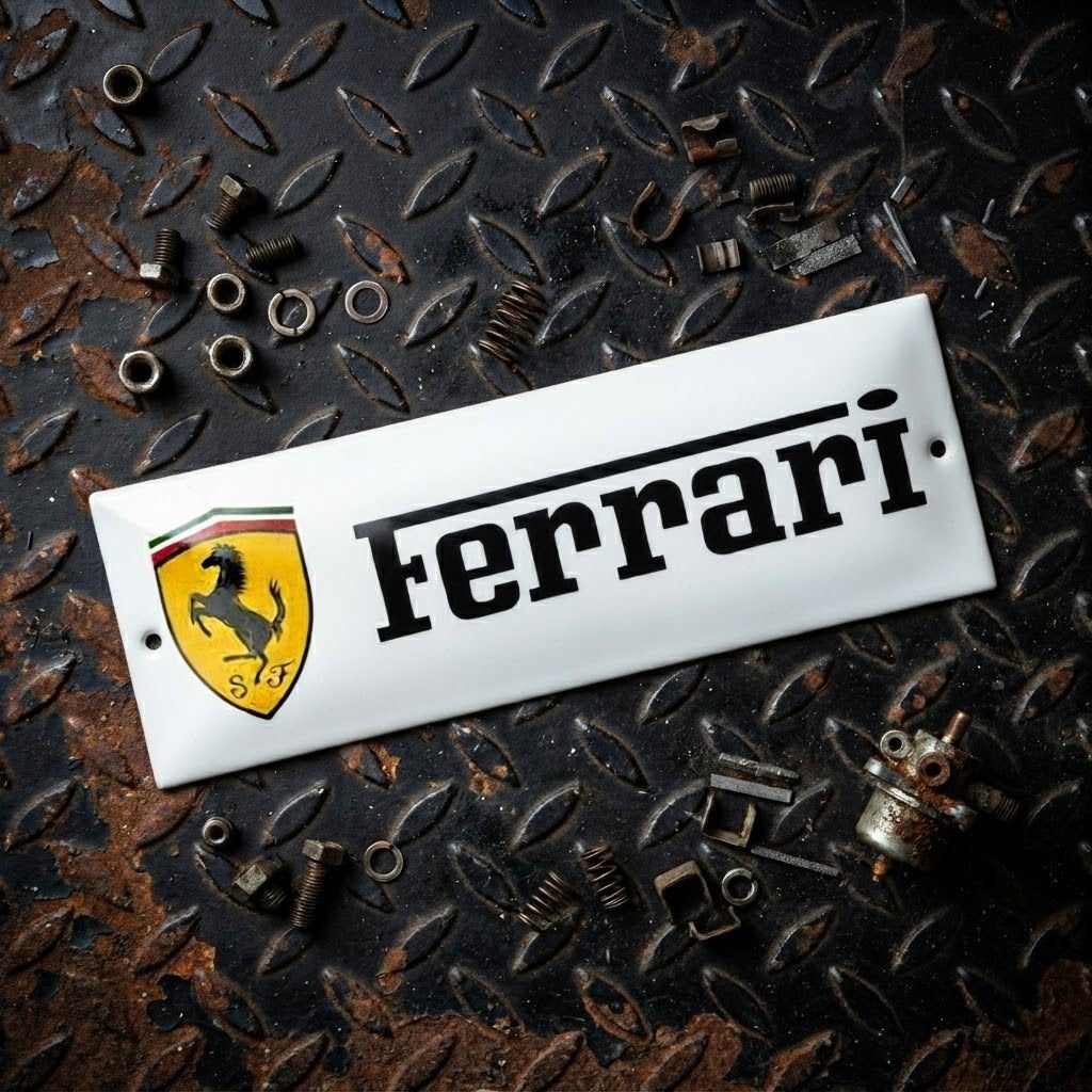 Emaille Reclamebord FERRARI Wit Garage Vintage Plaat Plaque, Verzamelen, Verzenden, Gebruikt, Reclamebord