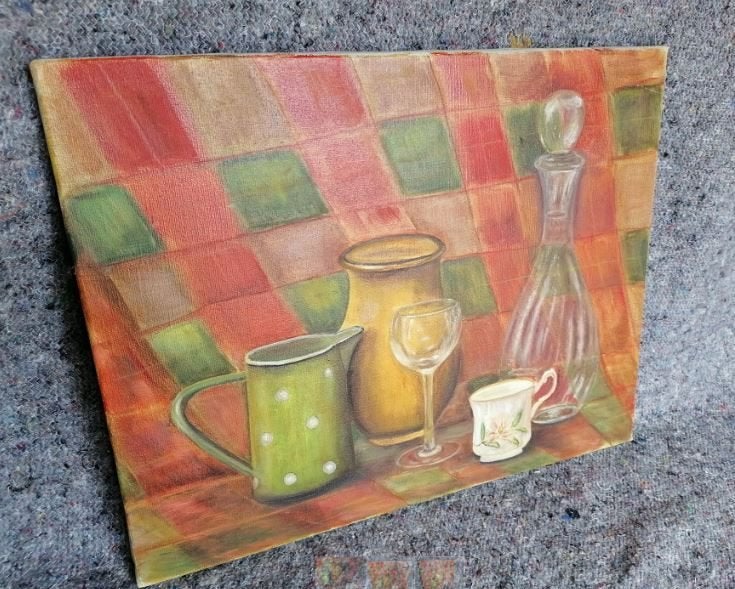 vintage schilderij stilleven op canvas 60er, Collections, Rétro, Enlèvement, Maison et Meubles