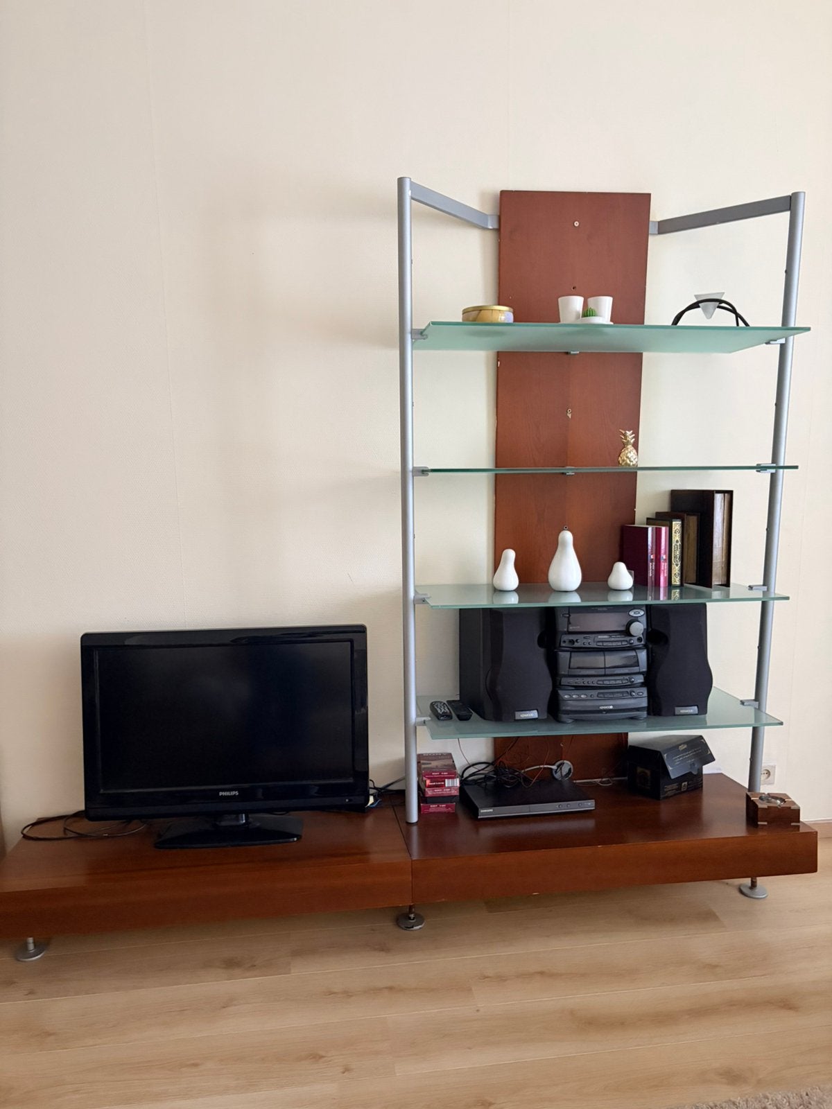 TV-meubel met glazen rek – Doe een bod, Maison & Meubles, 200 cm ou plus, Enlèvement, Utilisé, 200 cm ou plus