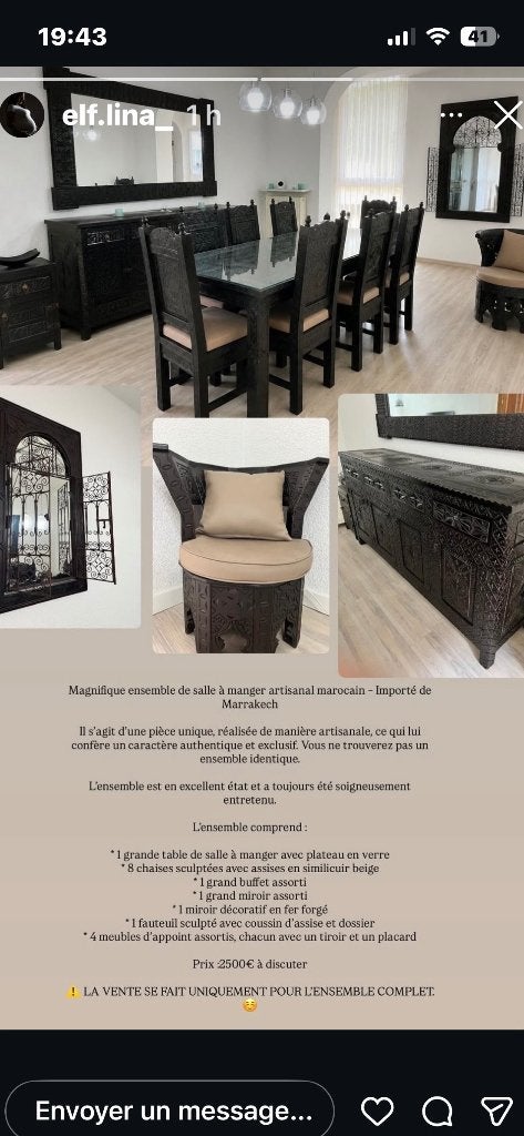 Salle a manger complète fait main, Maison & Meubles, Enlèvement, Comme neuf, Sculpture fait main sur bois noyer style Marrakech