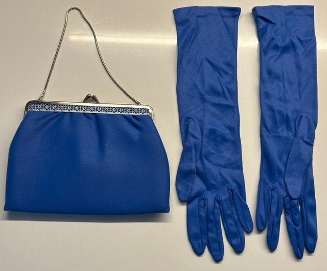 Hippe satijnen helderblauw avondtas met handschoenen, Ophalen, Zo goed als nieuw, Blauw, Avondtasje
