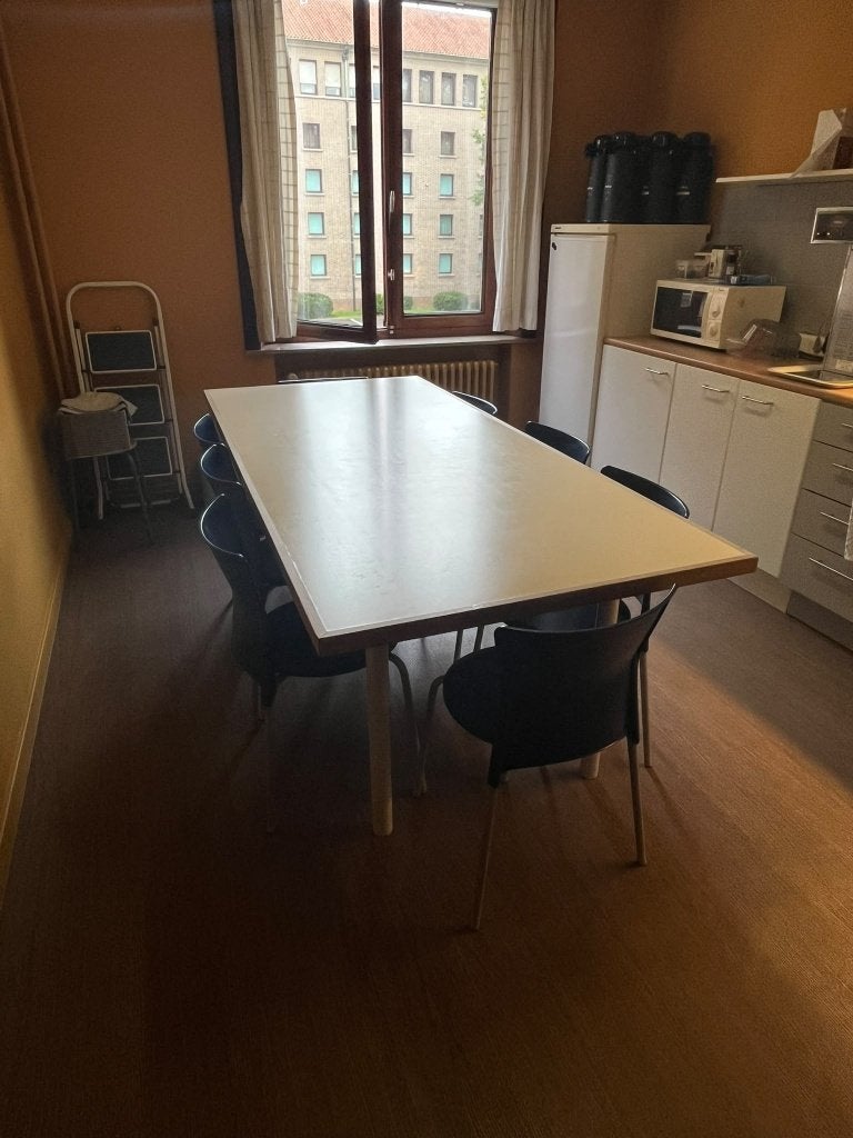 Grote, houten eettafel met acht stoelen, Huis en Inrichting, Ophalen, Gebruikt, 200 cm of meer, 50 tot 100 cm