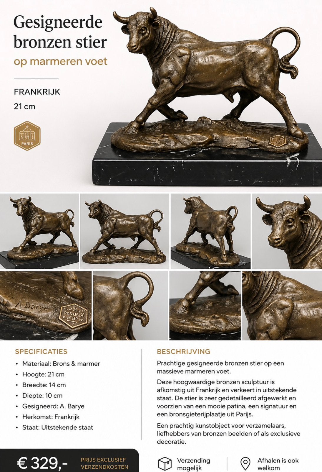 Taureau en bronze sur socle en marbre - 21 cm, Enlèvement, Bronze