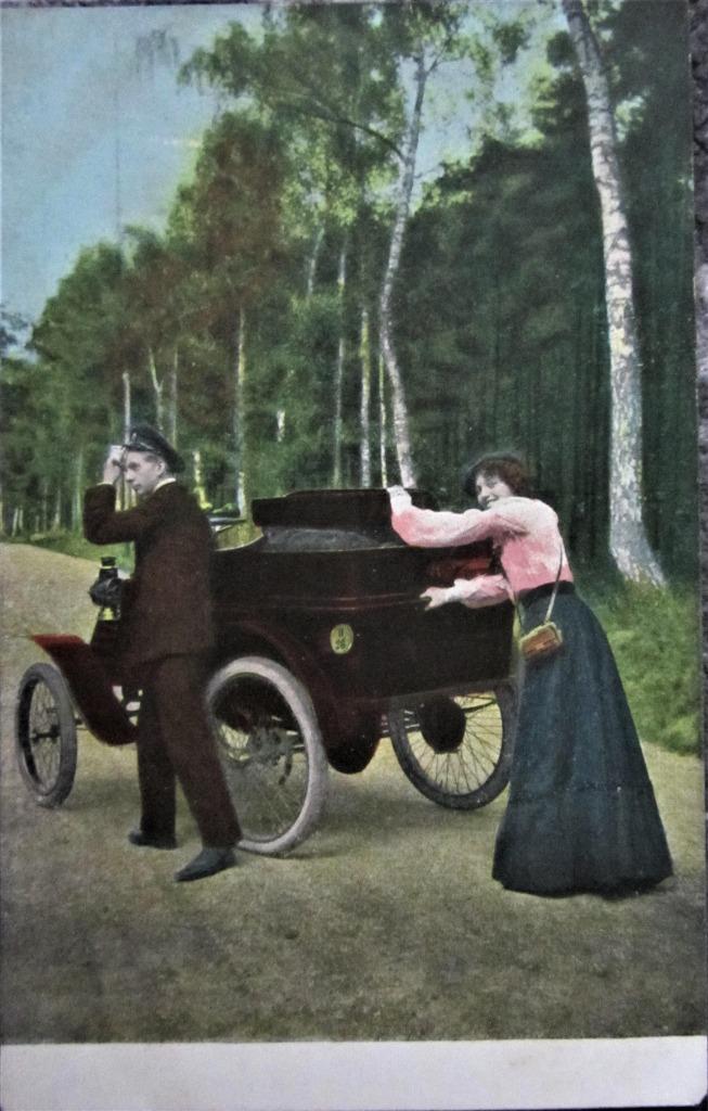 FANTASIE- KAART- KOPPEL MET DEFECTE AUTO, Enlèvement ou Envoi, Avant 1920, Non affranchie, Véhicule