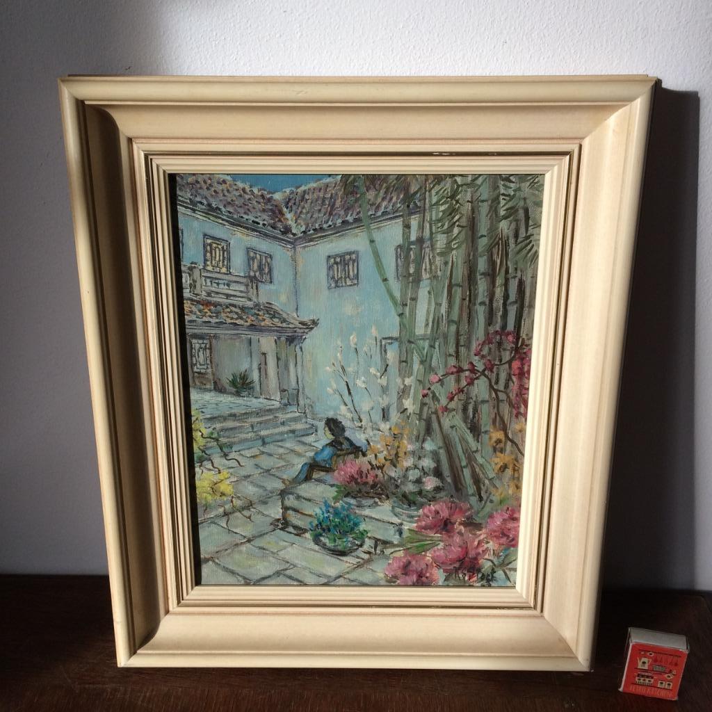 cour intérieure méditerranéenne au crépuscule rustique, Enlèvement ou Envoi, Peinture, Moins de 50 cm, Utilisé