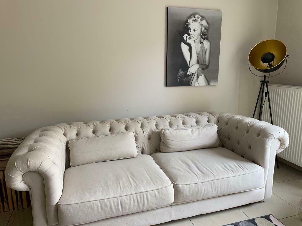 Canapé chesterfield en lin beige, Ophalen, Gebruikt, Eenpersoons, Rechte bank
