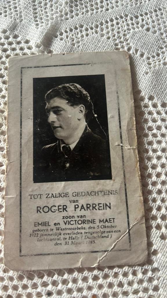 Bp Roger Parrein overleden aan luchtaanval te Halle 1945, Verzamelen, Bidprentjes en Rouwkaarten, Verzenden, Bidprentje