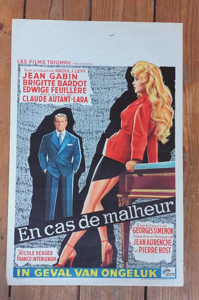 vintage affiche Brigitte Bardot Jean Gabin Simenon  1958, Verzamelen, Verzenden, Film