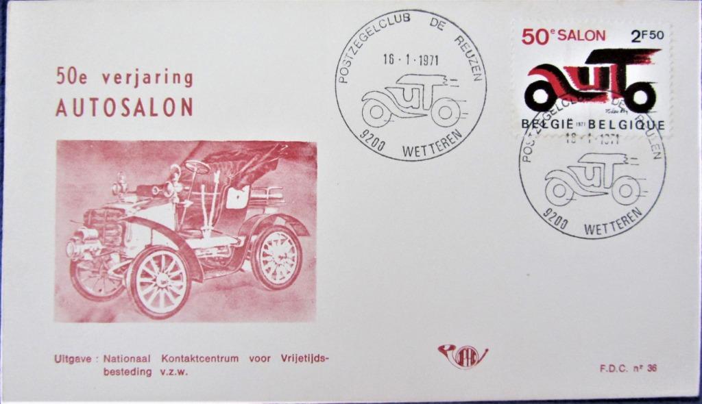 FDC BELGIË - 50e VERJARING AUTOSALON, Ophalen of Verzenden, Gestempeld, Gestempeld, Auto's