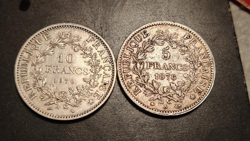 5 Francs 1876A+10 Francs 1979,Zilver Hercoules.., Enlèvement ou Envoi, France, Série, Argent
