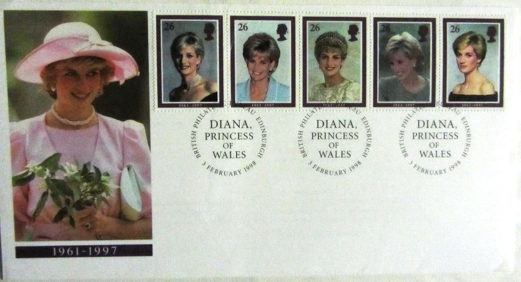 FDC MET VOLLEDIGE REEKS ROUWZEGELS LADY DIANA- GR.BRITTANNIE, Enlèvement ou Envoi, Affranchi, Dynastie