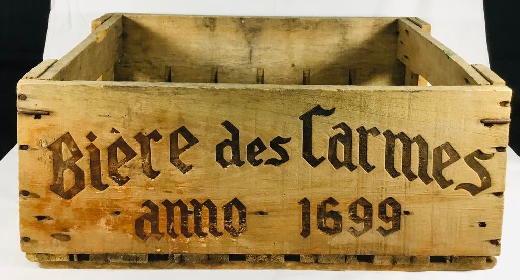 Antiek vintage houten bierbak Bière des Carmes, Verzamelen, Biermerken, Gebruikt, Overige typen, Overige merken, Ophalen of Verzenden