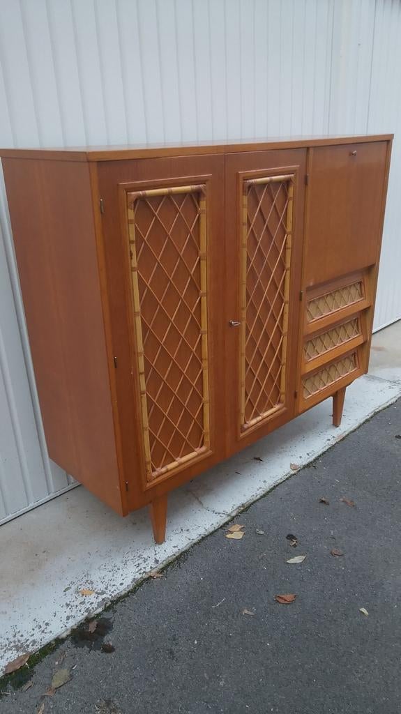 Original meuble vintage scandinave bois/rotin multi fonction, Enlèvement, Utilisé