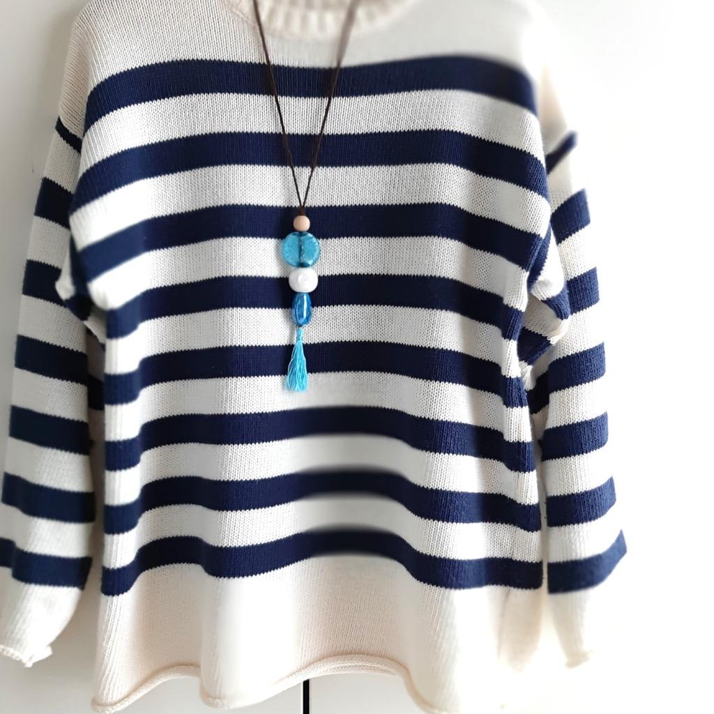 Te koop: Nieuw! Mooie moderne blauwe/witte lange halsketting, Enlèvement, Neuf, Bleu, Pierre ou Minéral
