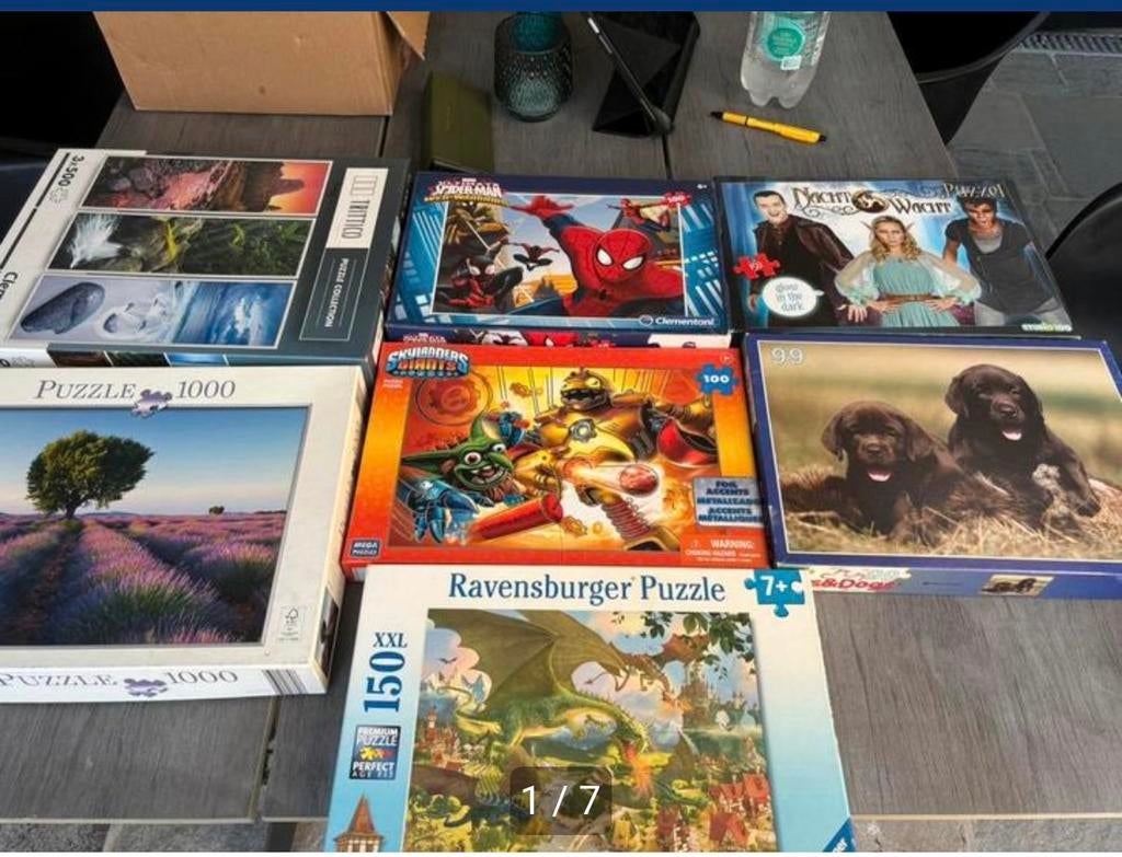 7 puzzels vanaf 99 stuks oa Spiderman,dieren, landschappen, Enlèvement, Moins de 500 pièces, Utilisé, Puzzle