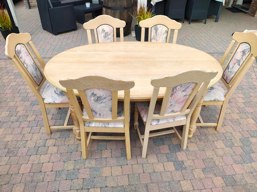 Witte Eiken Tafel+6 Eiken stoelen prijs 250€, Ophalen, Gebruikt