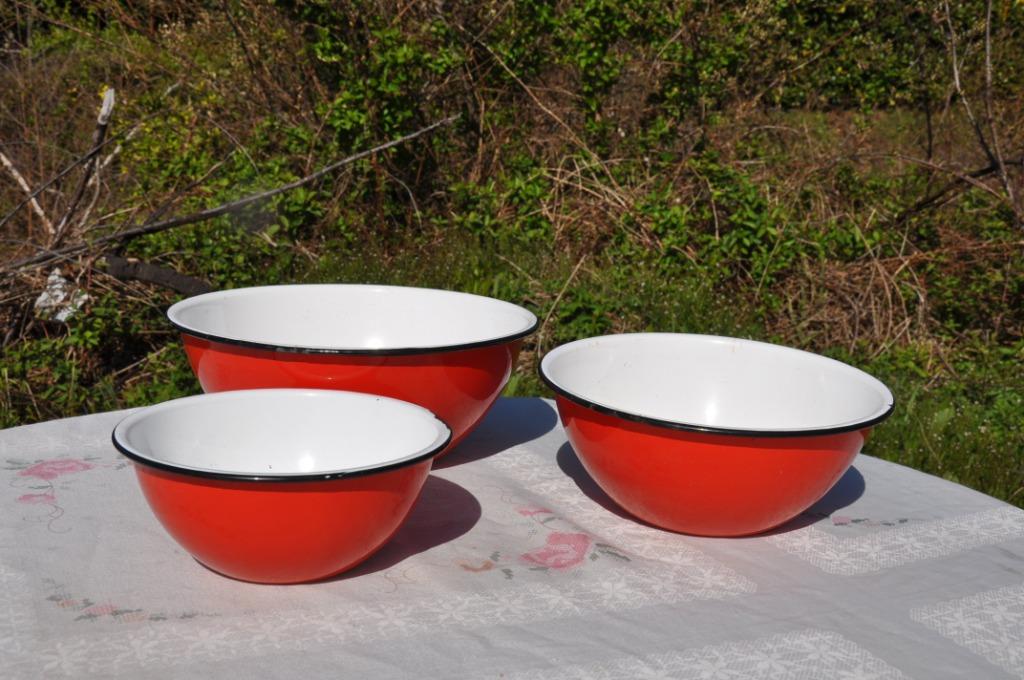 3 saladiers en tôles émaillée rouge et blanc, Enlèvement ou Envoi