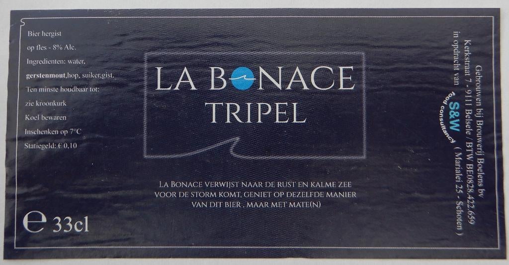 Bieretiket La Bonace tripel Brouwerij Boelens (11t4), Verzenden, Gebruikt